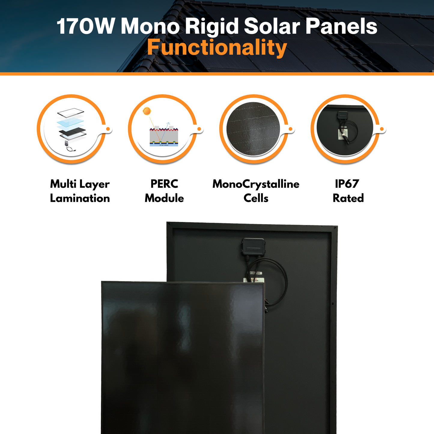 Maple Leaf 170W Mono Rigid Solar Panel - All Black | W/ IP67 Junction Box | IP67 MC4 Cable | Lightweight With Monocrystalline Cells