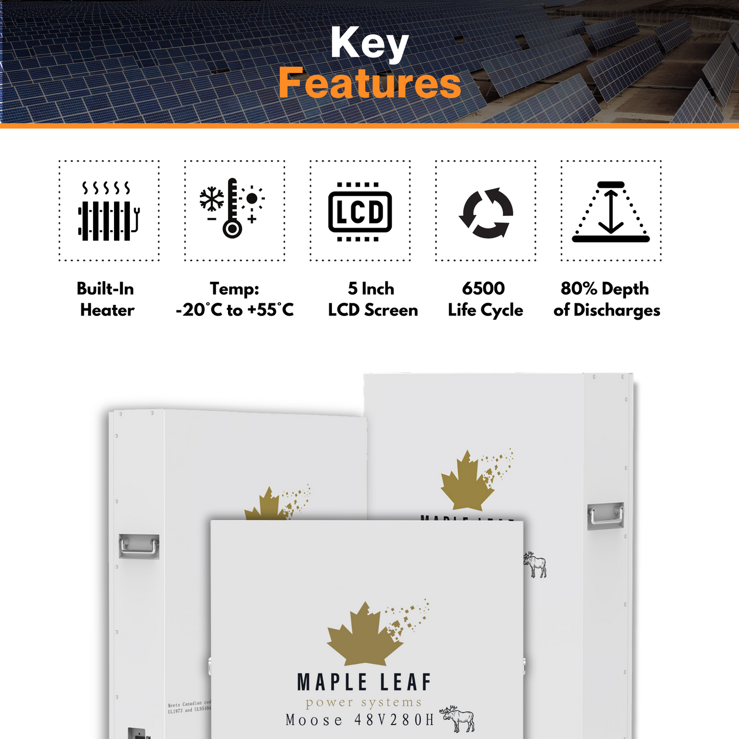 Maple Leaf 14.34KW 48V 280A Battery | Wall-mounted LiFePO4 All Weather Energy Storage  Lithium Batteries W/ LCD Touchscreen, Heater And Cables Included- UL1973-UL9540A, UL9540 With LuxPowerTeck Inverter [Pre Order For Jan/Feb 2024]