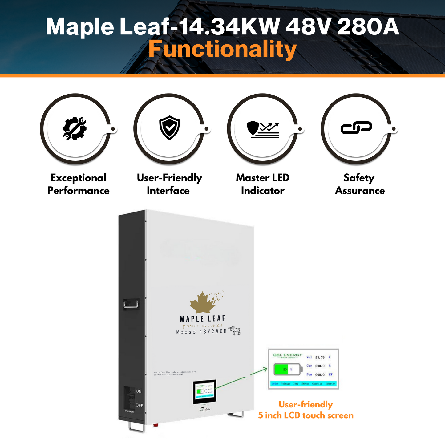 Maple Leaf 14.34KW 48V 280A Battery | Wall-mounted LiFePO4 All Weather Energy Storage  Lithium Batteries W/ LCD Touchscreen, Heater And Cables Included- UL1973-UL9540A, UL9540 With LuxPowerTeck Inverter [Pre Order For Jan/Feb 2024]