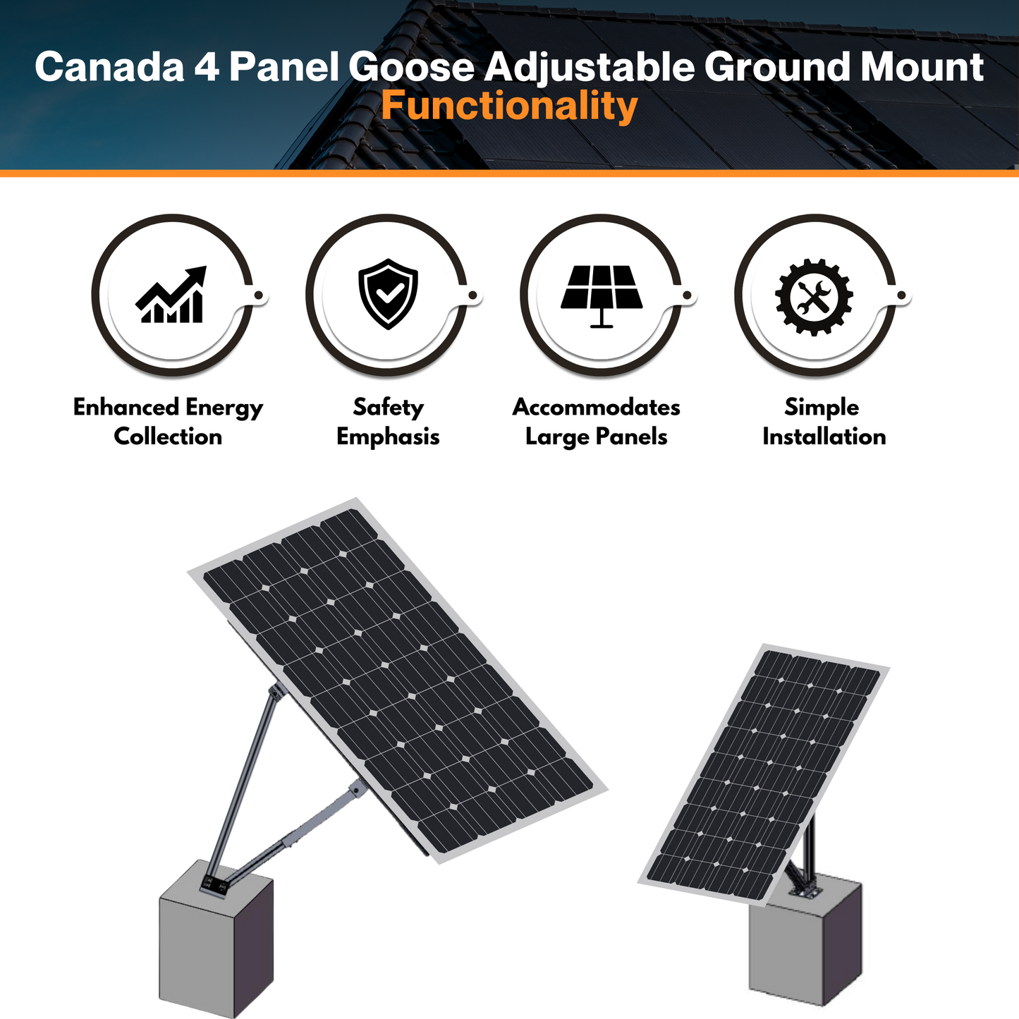 Maple Leaf Canada 4 Panel Goose Adjustable Ground Mount | 30°- 60° Adjustable Angle | 25 Years Warranty | Perfect For Flat Roof & Farms