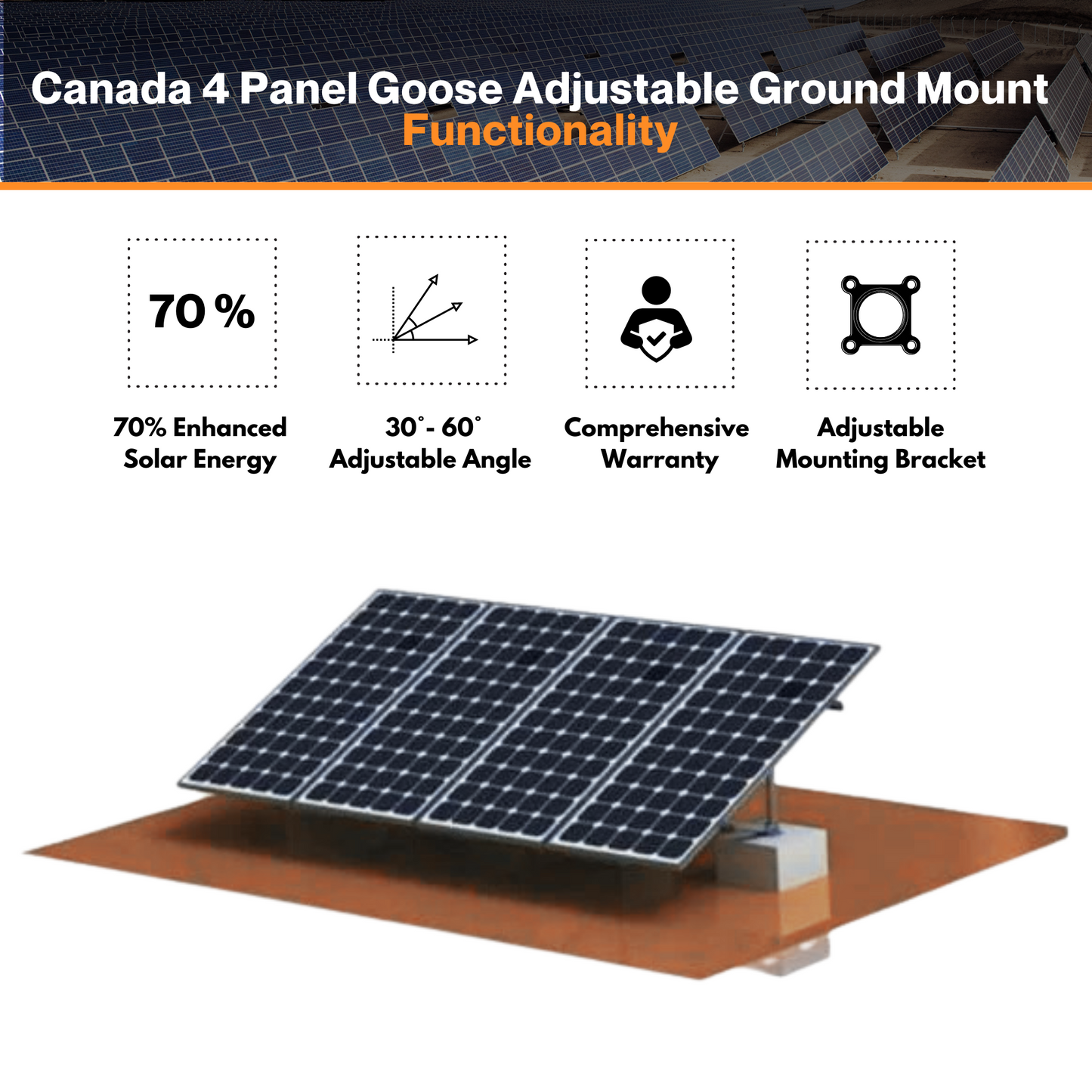 Maple Leaf Canada 4 Panel Goose Adjustable Ground Mount | 30°- 60° Adjustable Angle | 25 Years Warranty | Perfect For Flat Roof & Farms