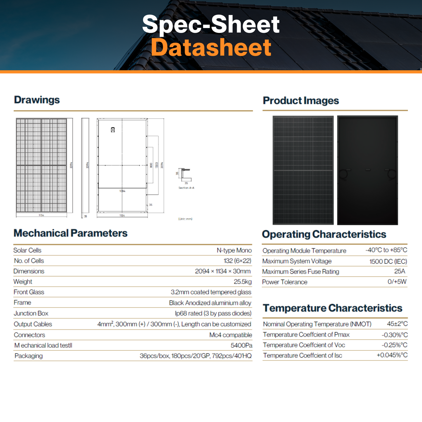 Maple Leaf 520W Monofacial Panel - N-type TOPCon Full Black Solar Module | W/ 10-30% Additional Energy | Black Aluminum Frame| IP68 Rated | Mc4 Connectors