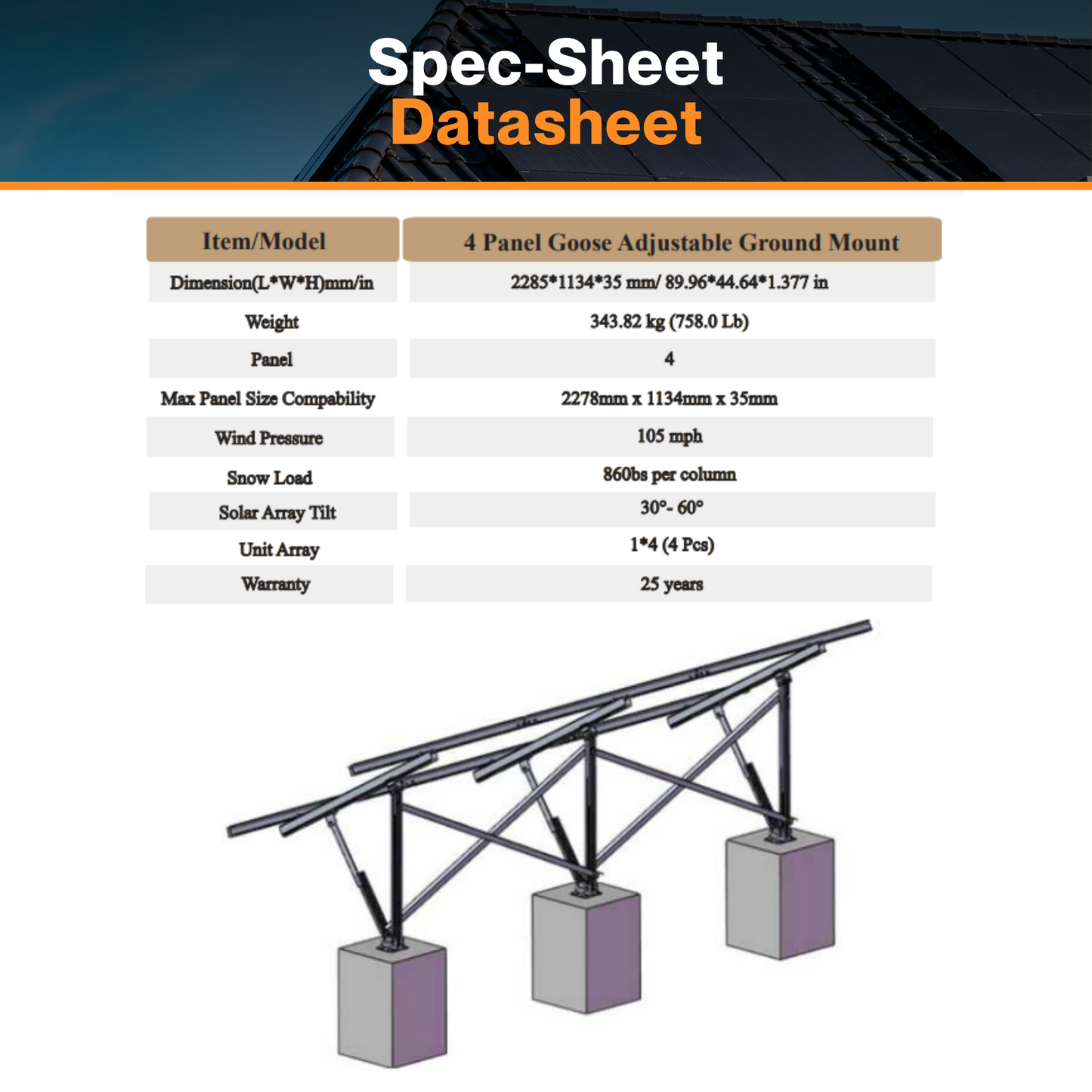 Maple Leaf Canada 4 Panel Goose Adjustable Ground Mount | 30°- 60° Adjustable Angle | 25 Years Warranty | Perfect For Flat Roof & Farms