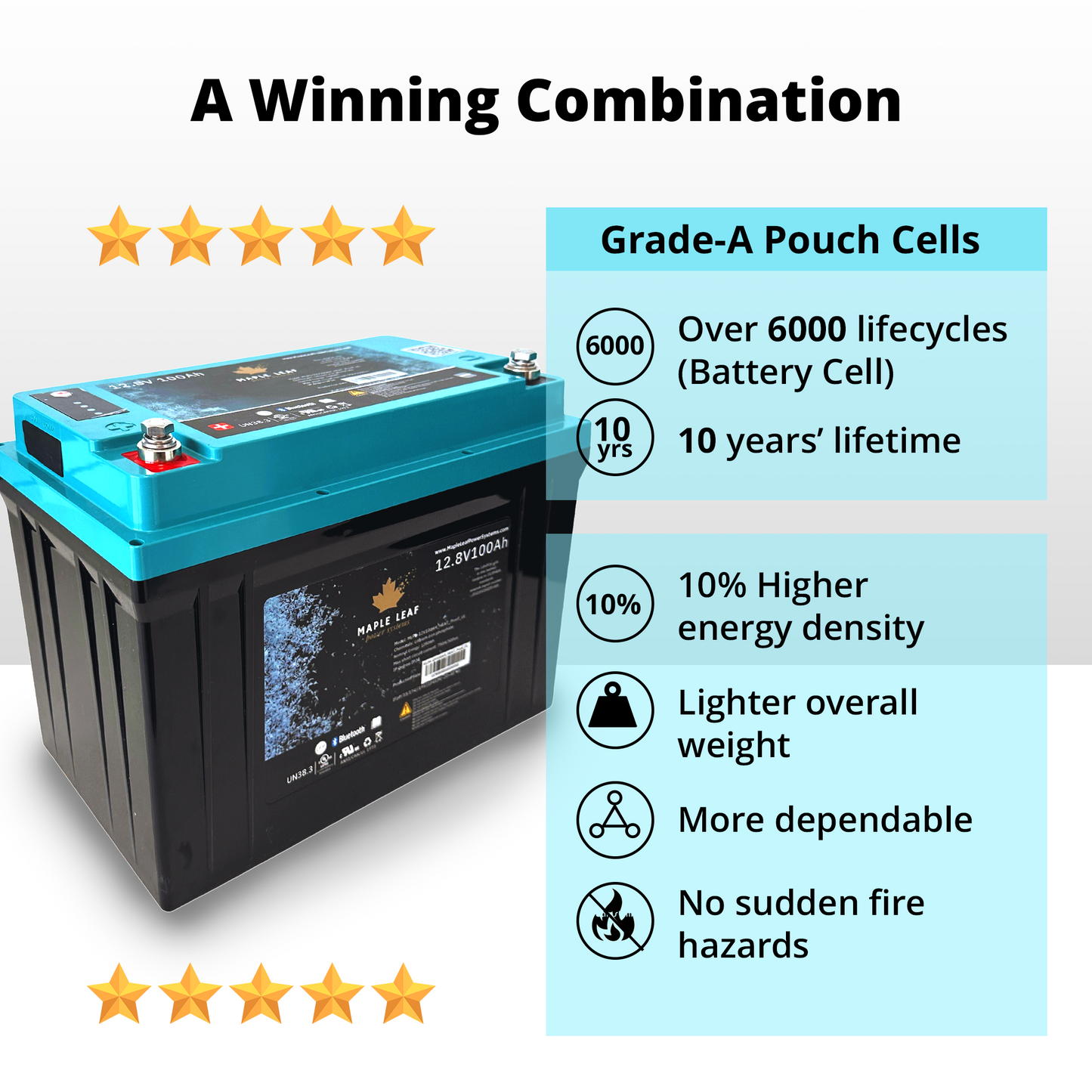 Maple Leaf 12V 100AH Lithium Iron Phosphate Battery W/ Self-Heating Function | UL9540A & UL1973 Certified