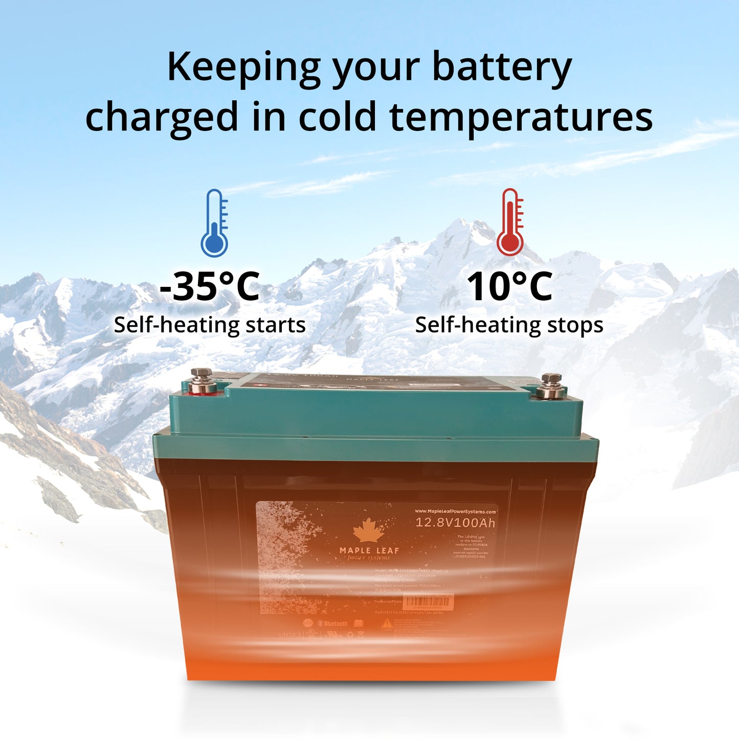 Maple Leaf 12V 100AH Lithium Iron Phosphate Battery W/ Self-Heating Function | UL9540A & UL1973 Certified